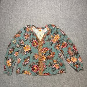 Women's Farm Rio for Anthropologie Teal Floral‎ Pullover Blouse Size S NEW